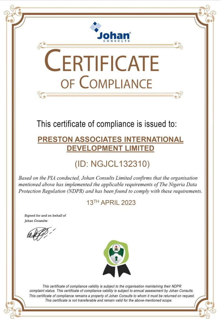 Preston Asociates NDPR certificate